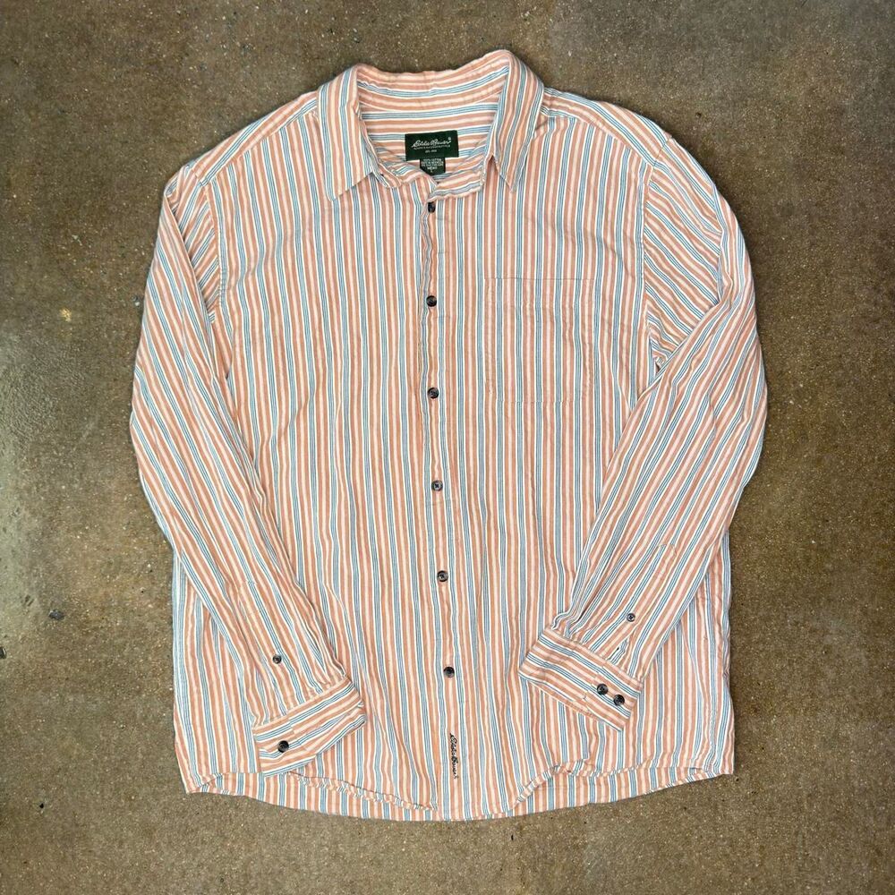 Eddie Bauer Striped Button Up Shirt Mens Large 100% Cotton Coastal